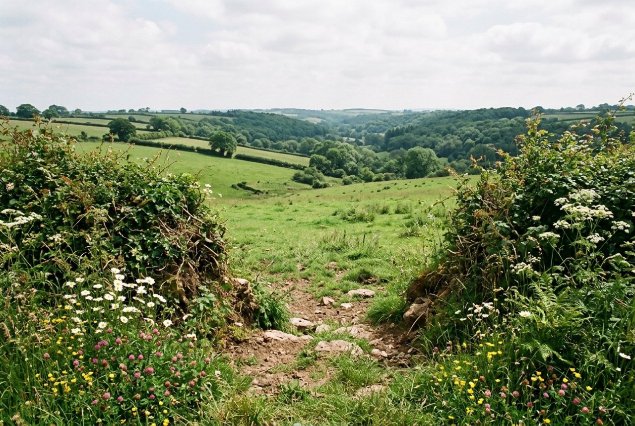 A break in a hedge bank giving onto rolling green pasture and a wooded valley, wildflowers on the bank, soft summer light