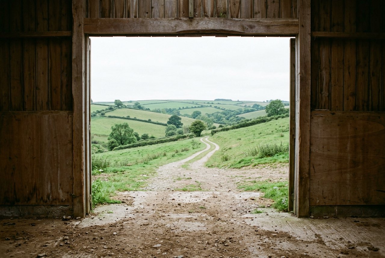 An open barn doorway framing green hills and a track running away, cool even daylight, empty floor, nothing stored