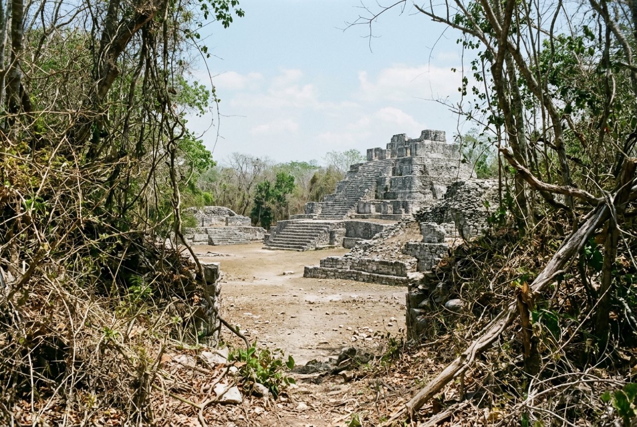 A break in dense dry Yucatan forest opening onto a clearing of grey stepped ruins, high heat haze, no visitors