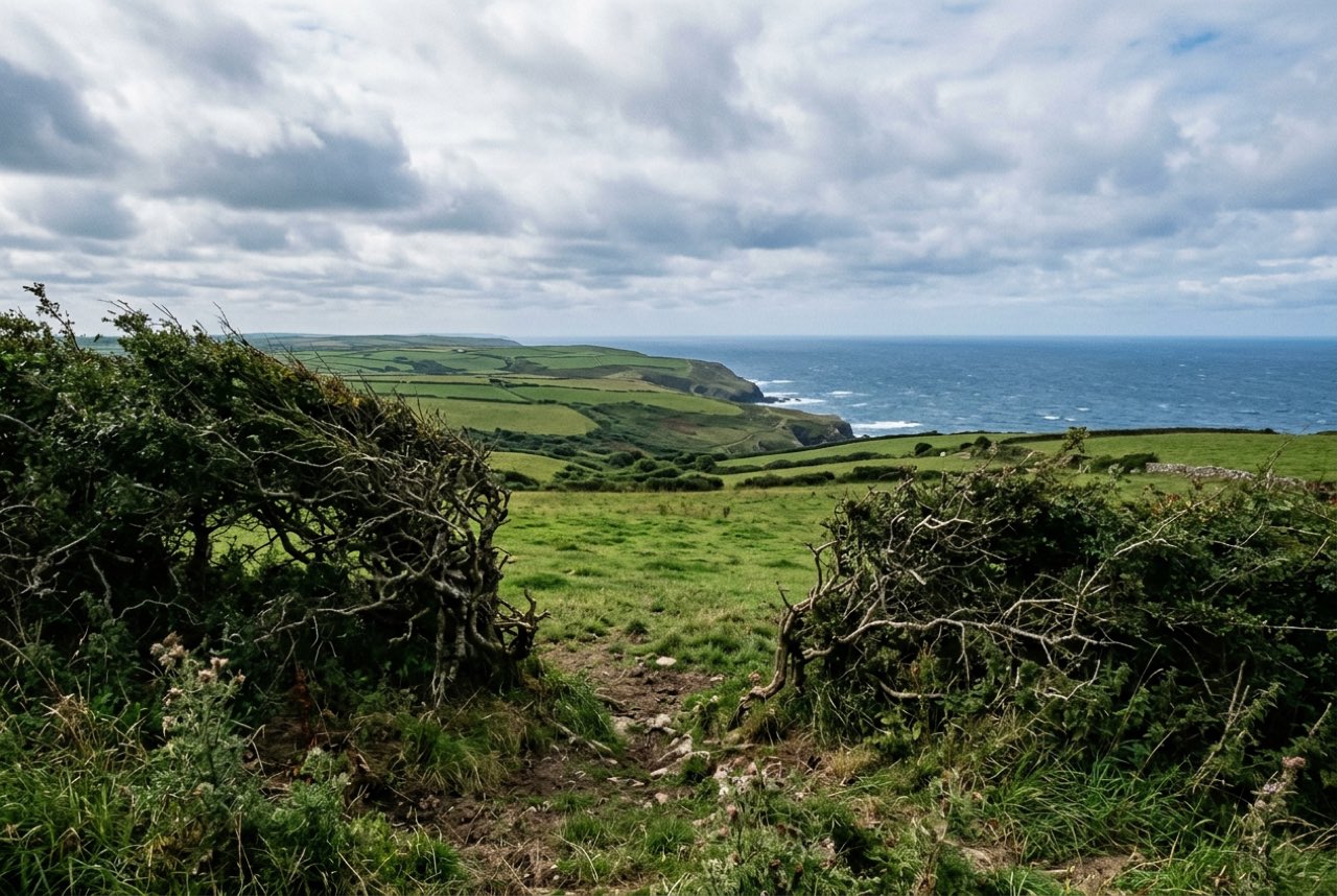 A break in a wind shorn hedge opening onto rolling green farmland dropping to a cold blue sea, low fast cloud