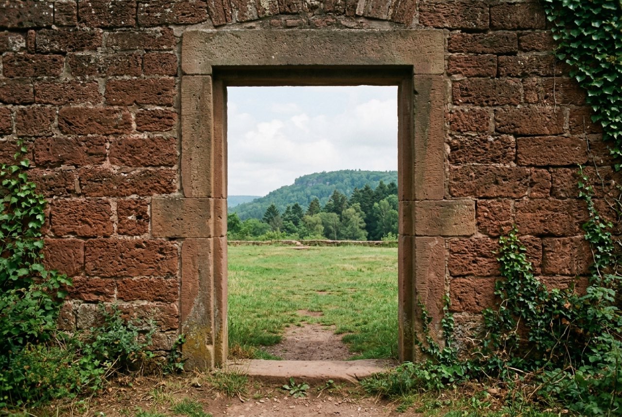 A stone doorway in an old laterite wall opening onto a green plateau and a forested ridge beyond, humid haze, no figures