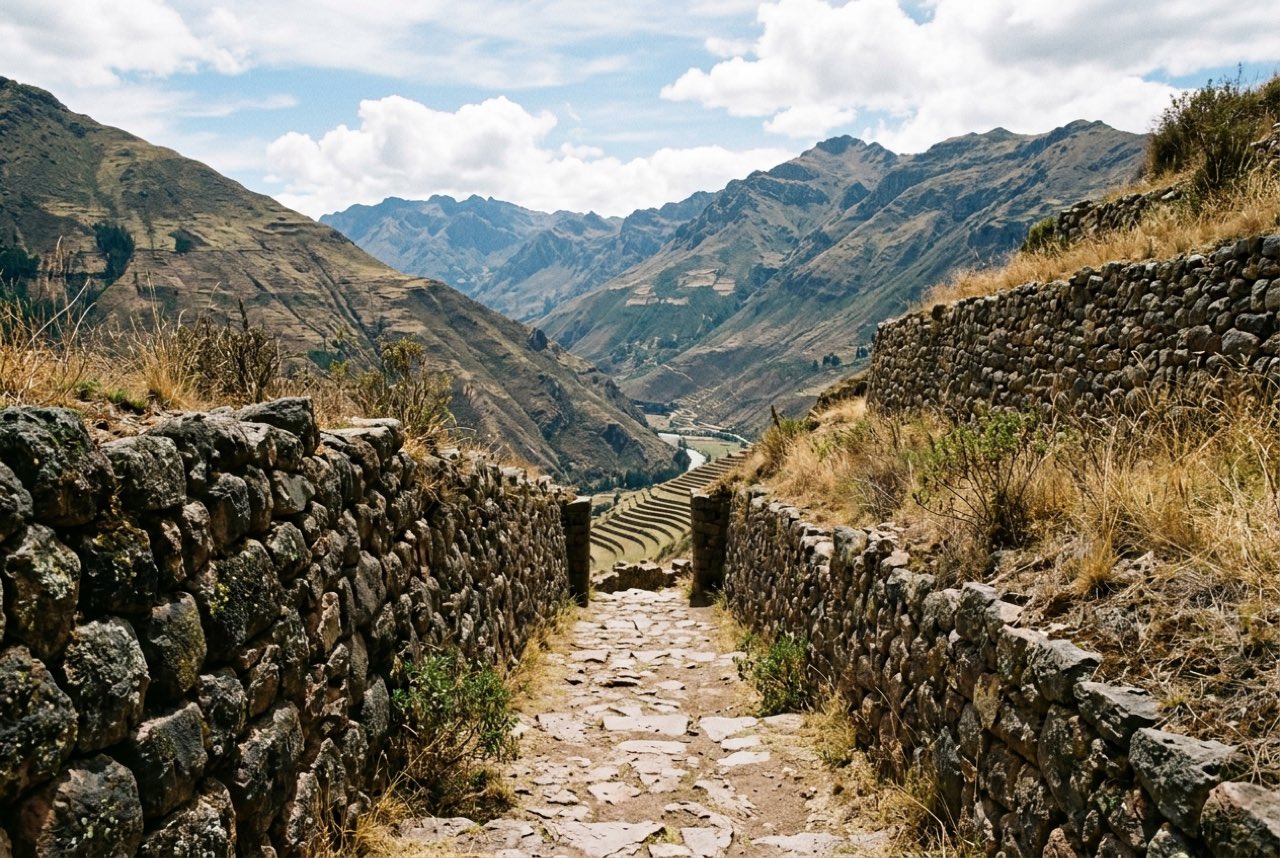 A stone ramp between two ancient Andean terrace walls opening onto the valley beyond, dry grass, hard high altitude sun