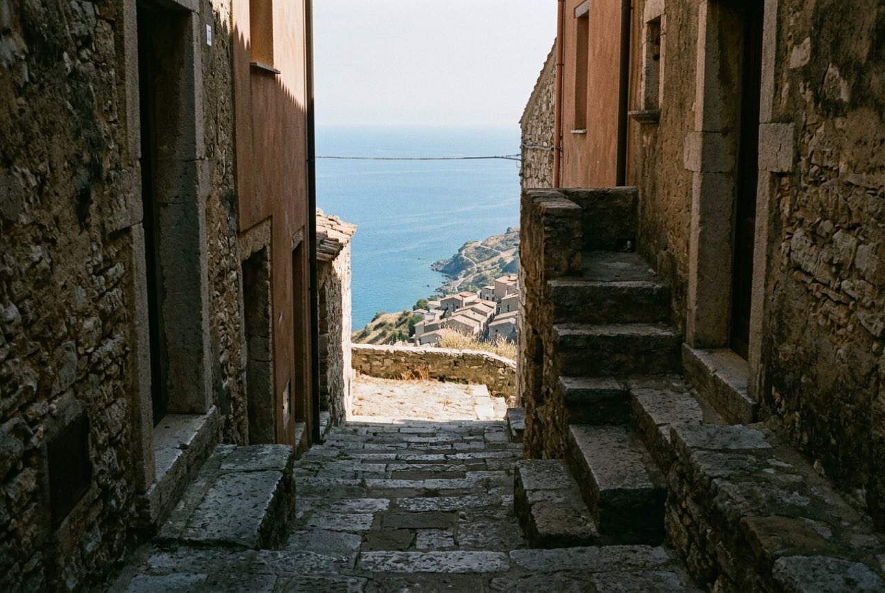 A shaded stone alley in a southern Italian hill village opening onto a view of the sea far below, worn steps, cool shadow