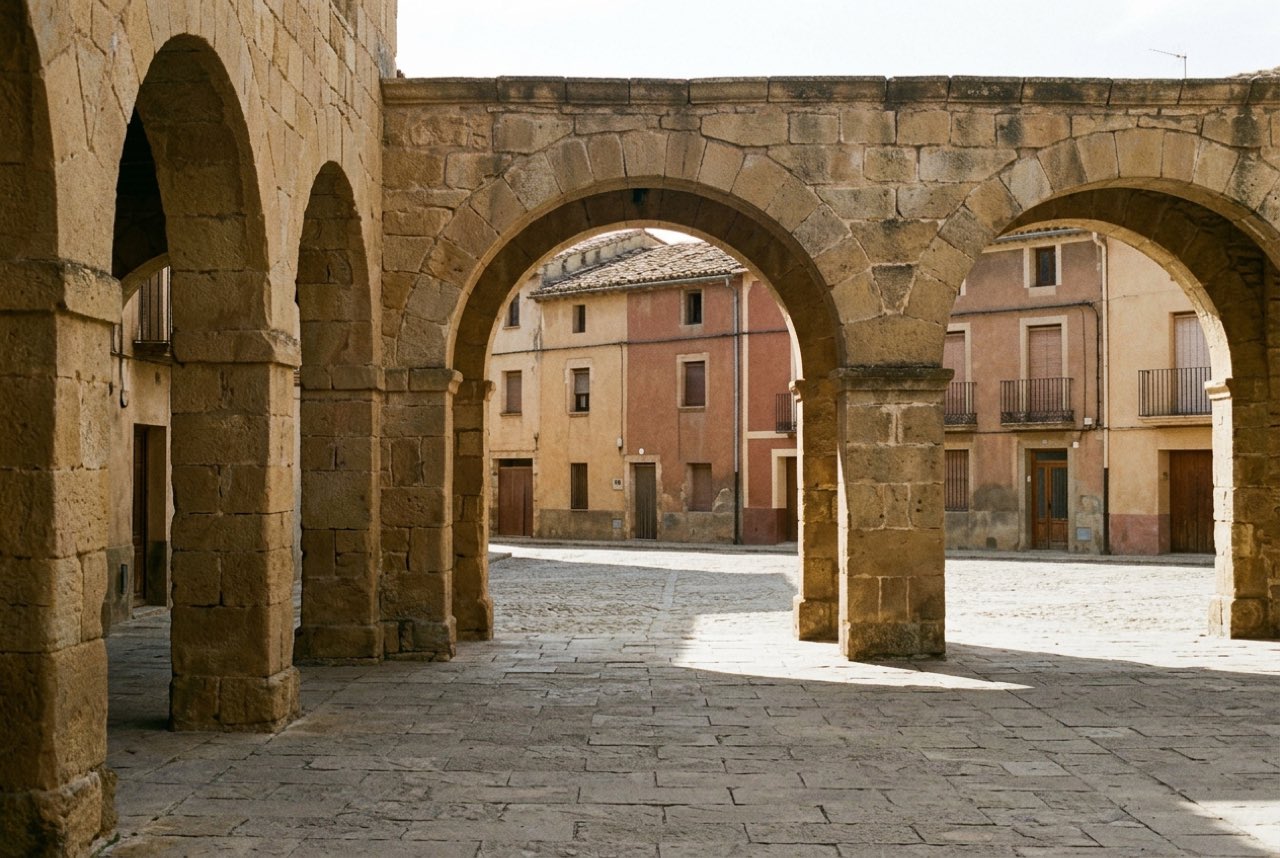 An arcade of plain stone arches along the edge of a small square, sunlit buildings beyond the openings, warm shadow