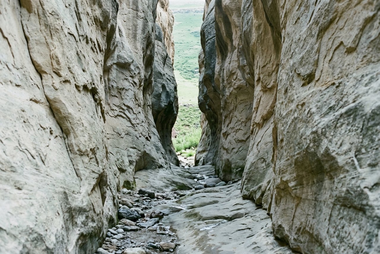 A gorge narrowing to a slot between pale rock walls with green upland visible through the far end, cold shade