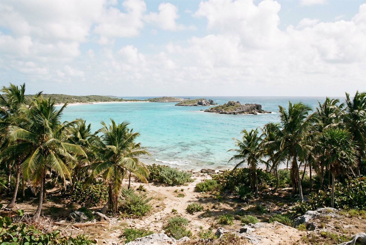 A gap in a coastal palm line opening onto a wide bay of very clear water with small rocky islands offshore, bright light