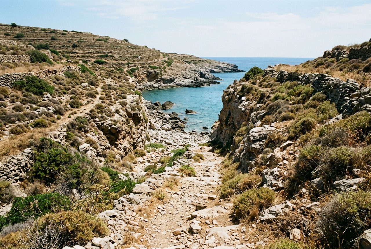 A stony footpath dropping through a notch in dry terraced hillside toward a small stony cove and clear water, thyme scrub, midday heat