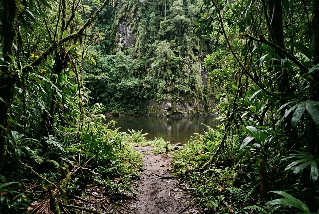 A track cut through dense wet tropical forest opening onto a river pool under a steep green wall, deep shade, no structures