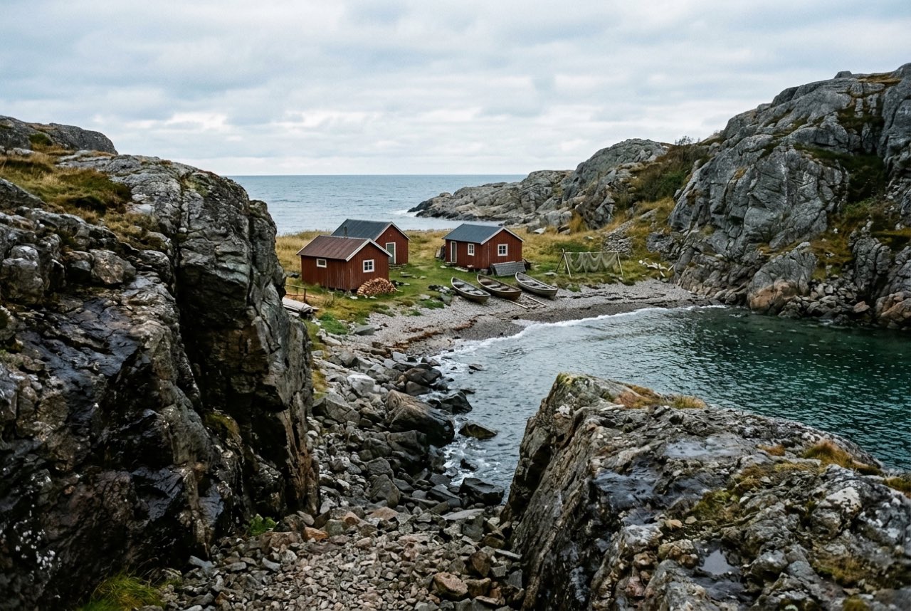 A cleft in bare coastal rock opening onto a small bay with red painted timber cabins on the shore, cold clear air
