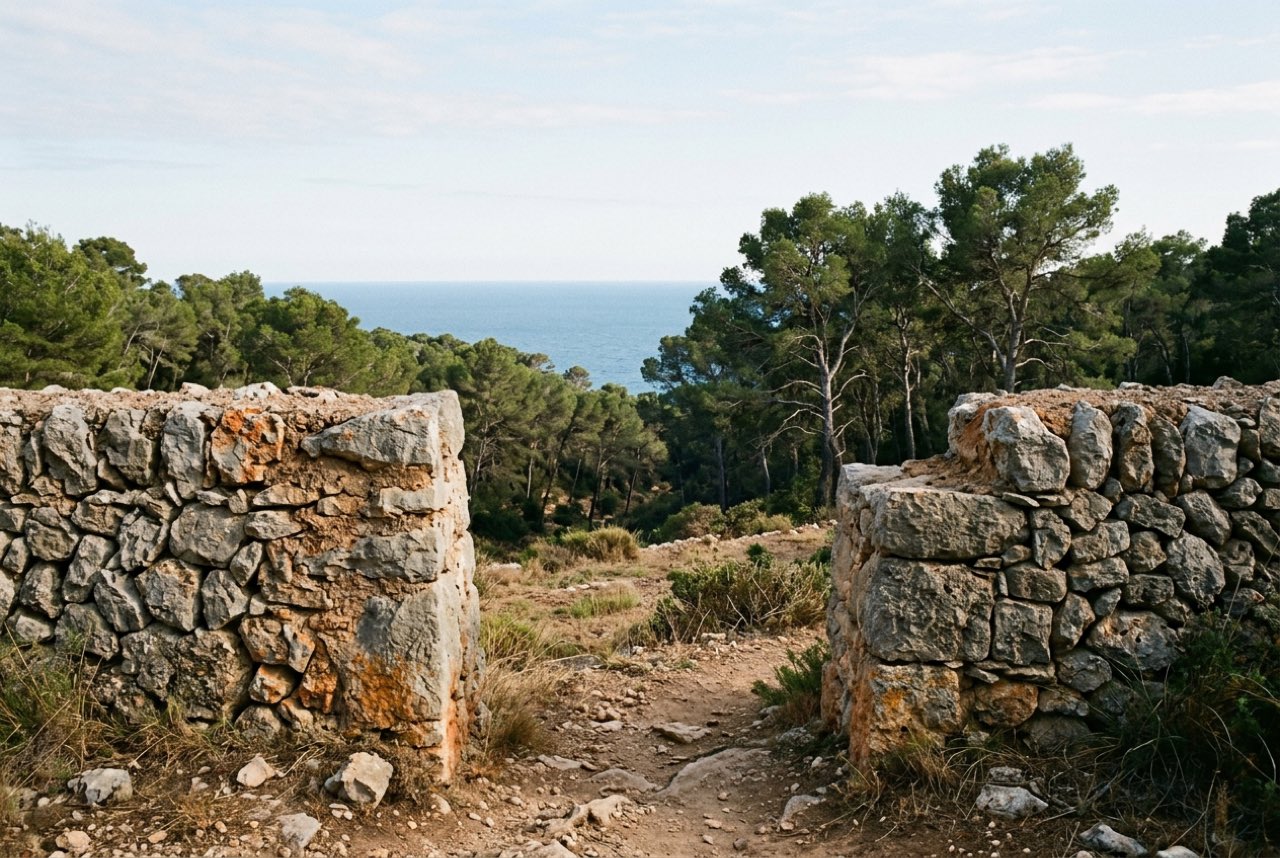 A gap in a wall of old stone threshing terraces opening onto pine forest running down to the sea, warm afternoon