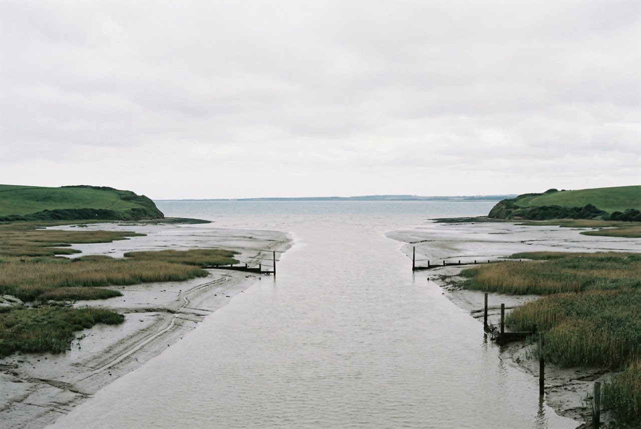 A wide river mouth opening between two low green headlands onto open water, mudflats and reed beds, soft flat light