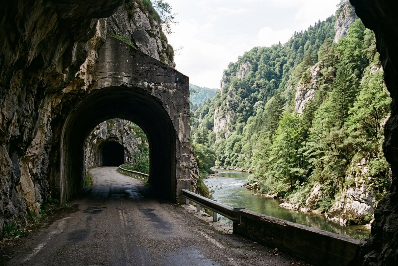 A road tunnel mouth in the gorge wall opening onto the river and the far bank of wooded cliffs, cool shade