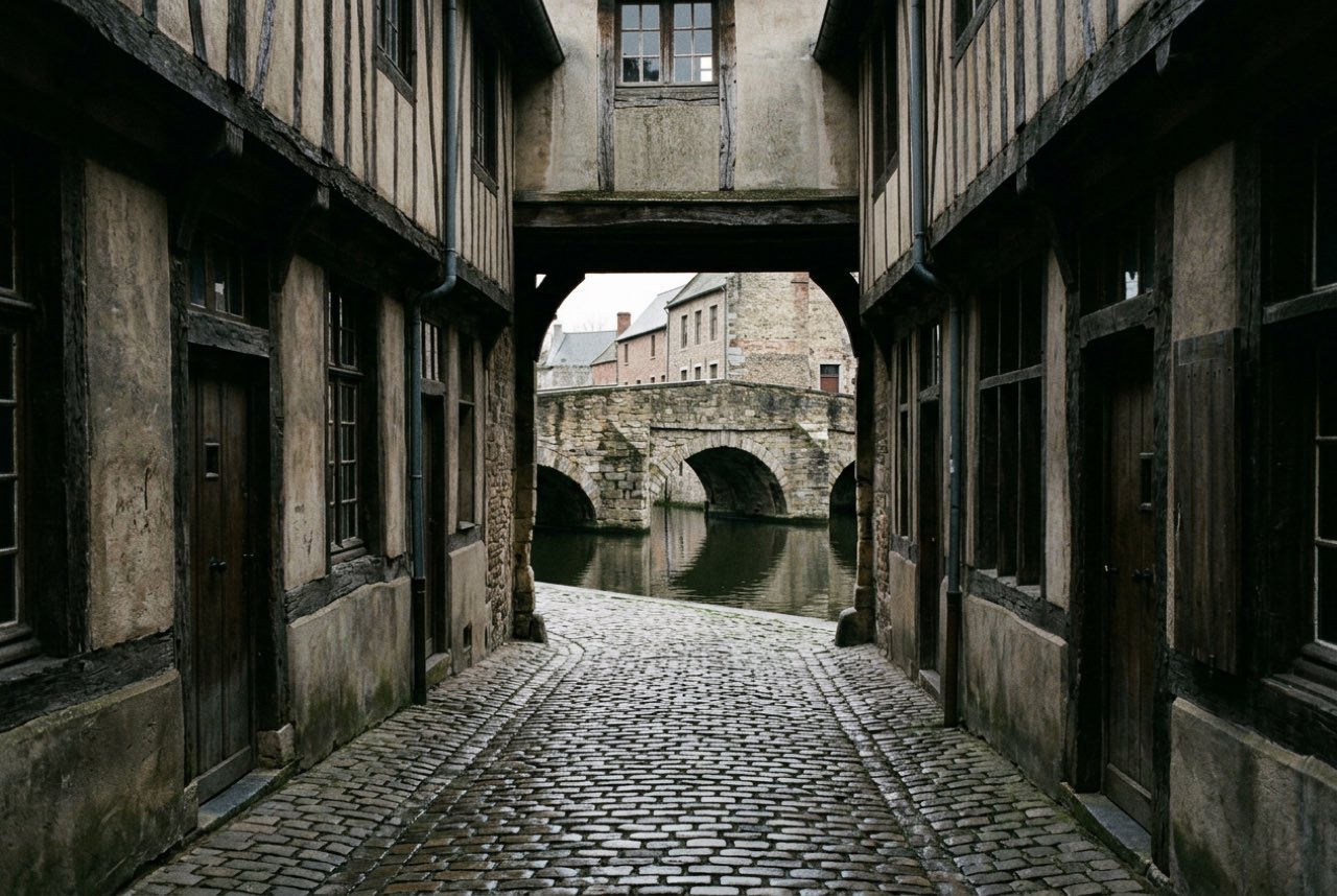 A narrow lane between old timber merchant houses opening onto a canal and a stone bridge, damp cool light