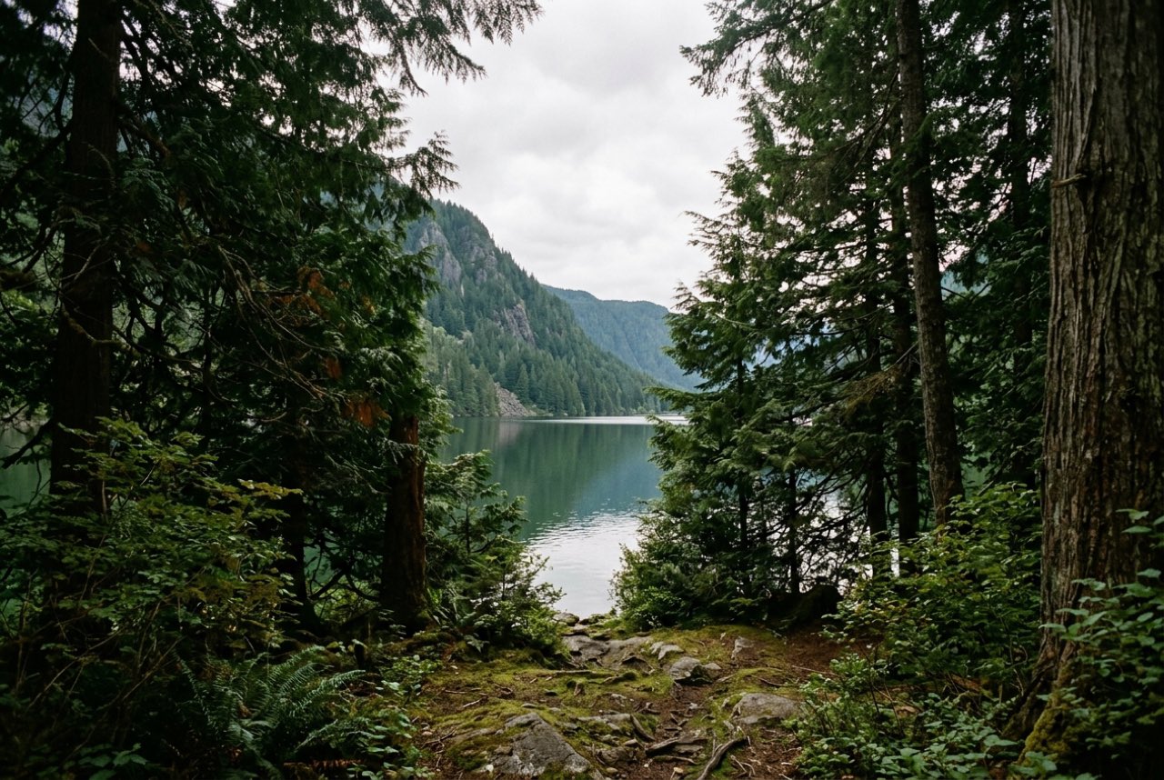 A gap in lakeside cedars opening onto still green water with steep timbered slopes on the far shore, soft cloud
