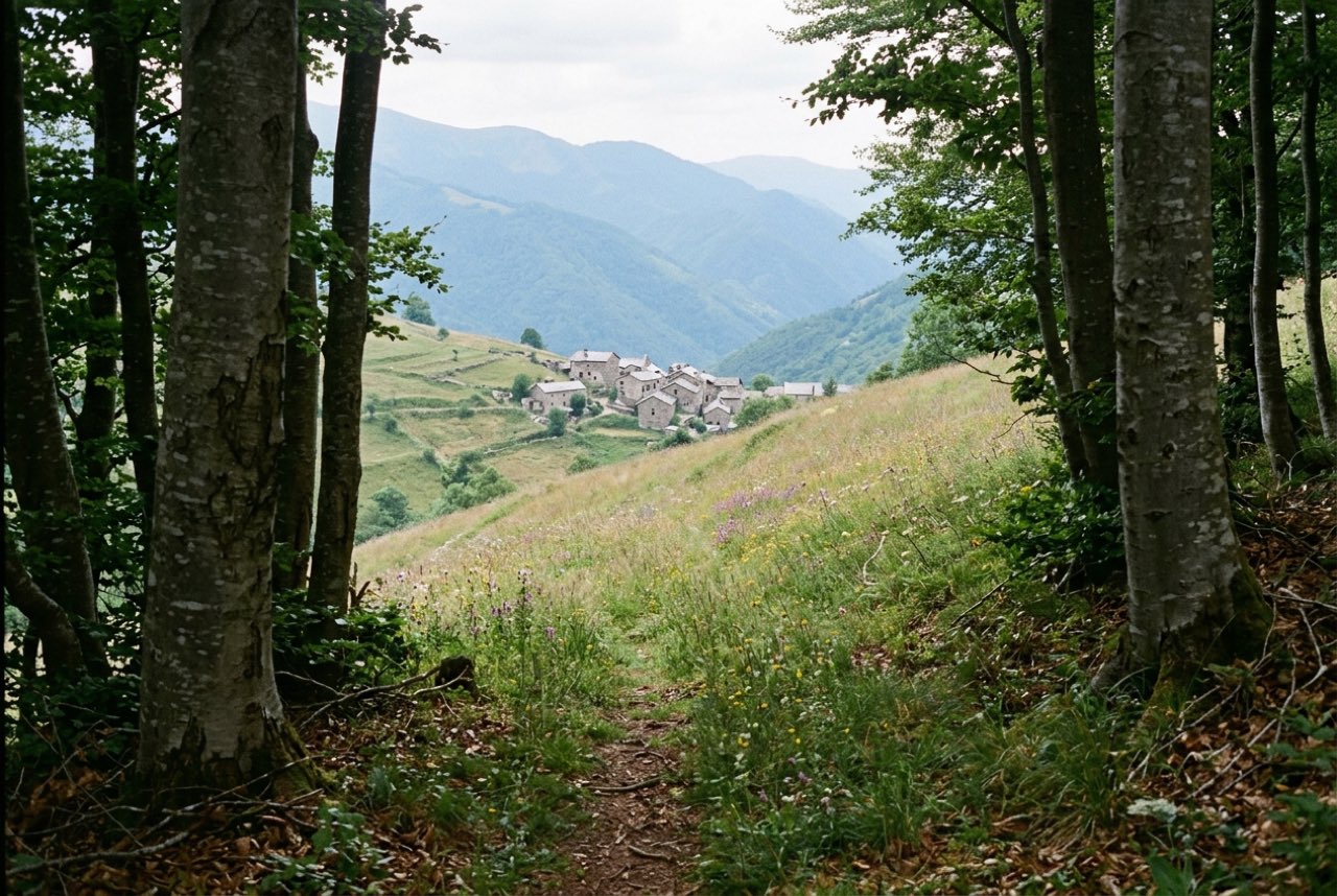 A gap in a beech wood opening onto a steep flowered meadow with a small stone village far below, soft mountain haze