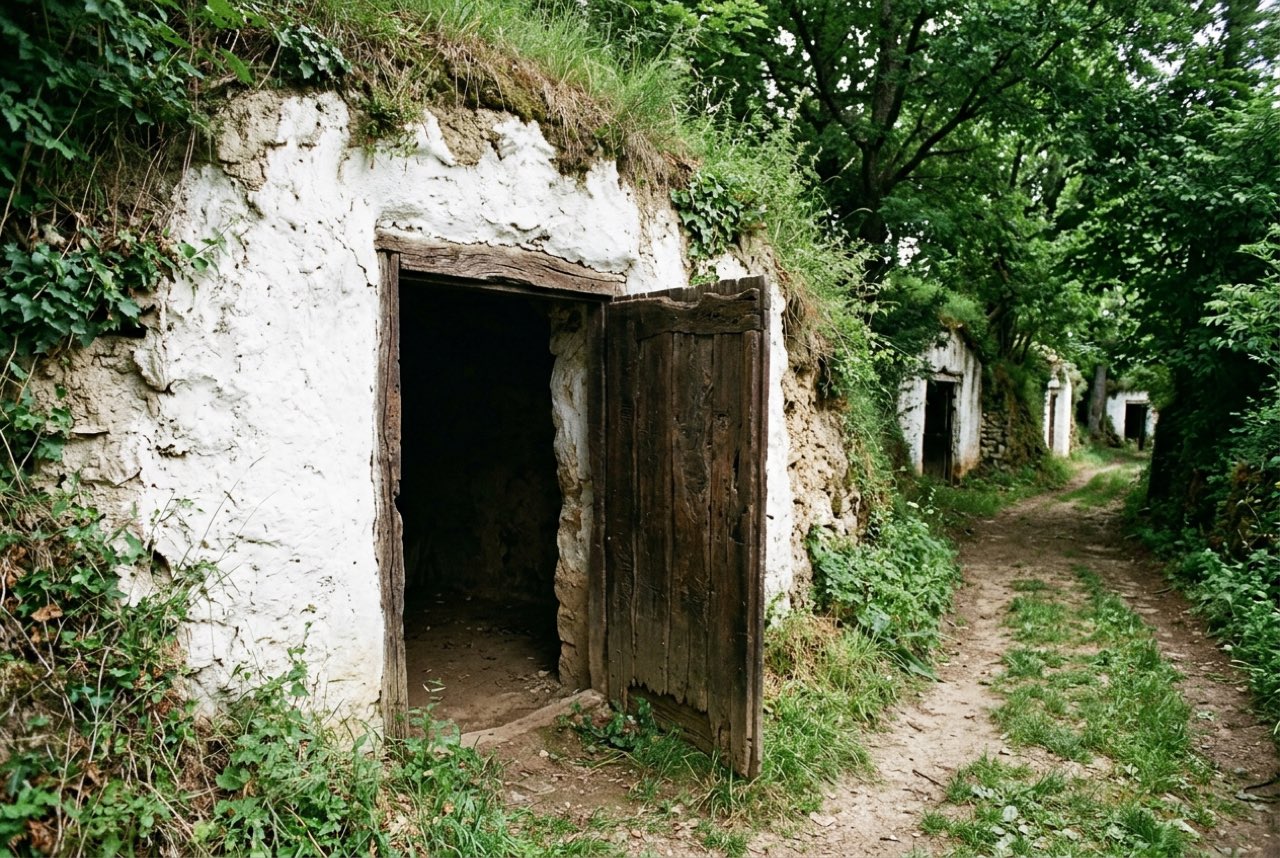 An open cellar doorway in a whitewashed earth bank giving onto a green lane of more cellars, cool damp shade, nothing stored