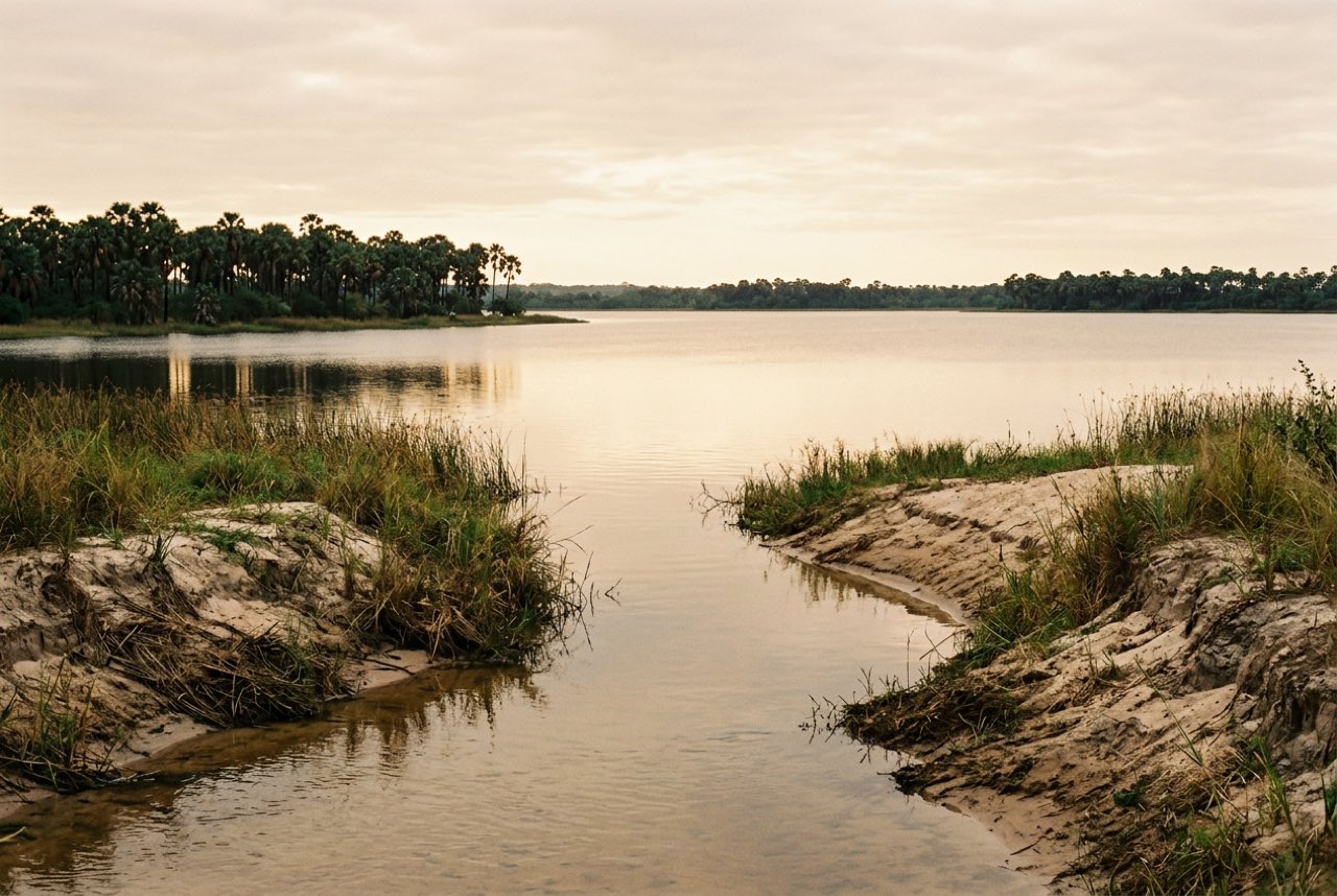 A channel between two sandbanks opening onto a wide still lake fringed with borassus palms, flat warm light