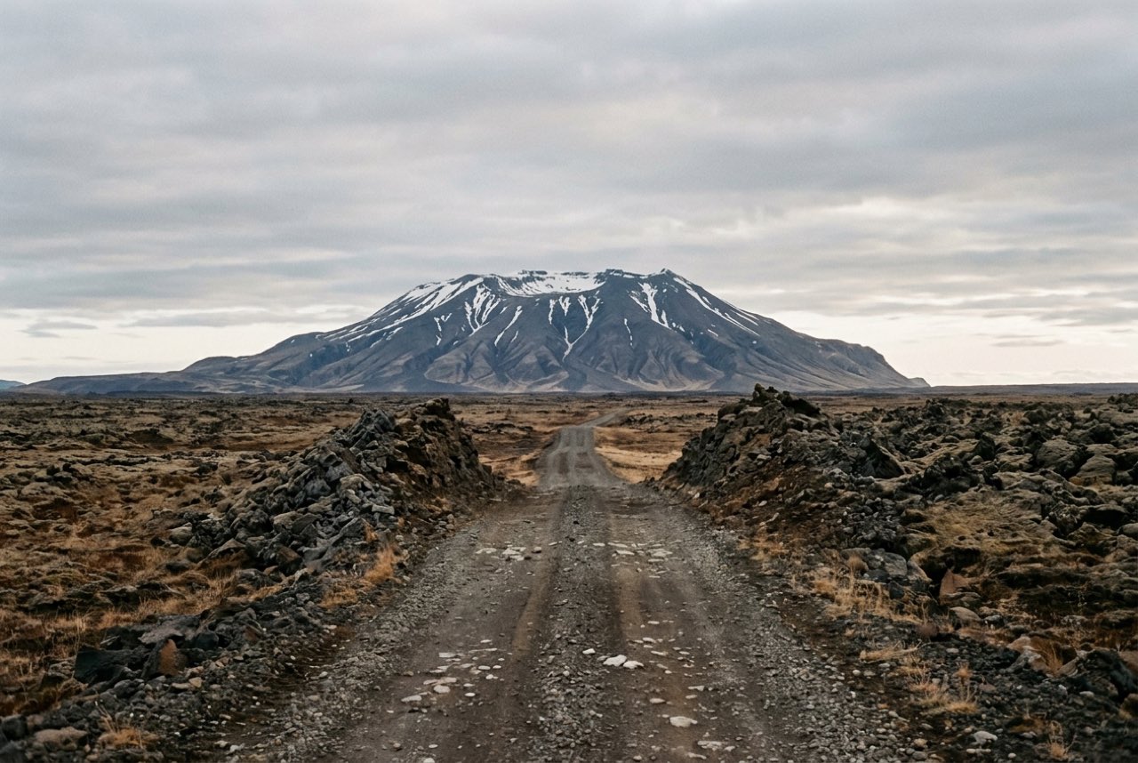 A gravel road running through a lava field toward a snow streaked volcano, wide open ground, pale Icelandic light