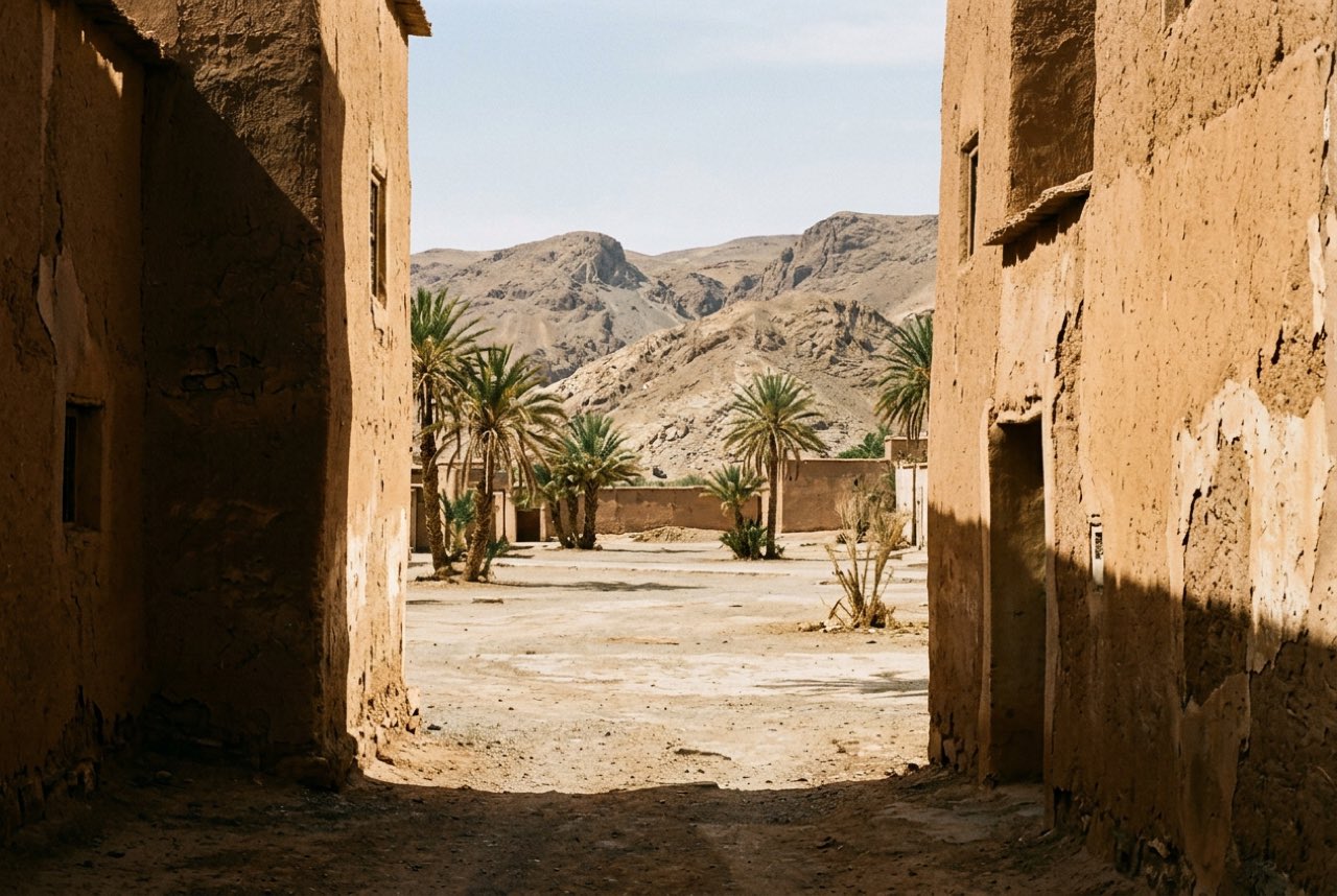 A gap between two ochre buildings opening onto a wide dusty square with palms and the mountains behind, strong shadow