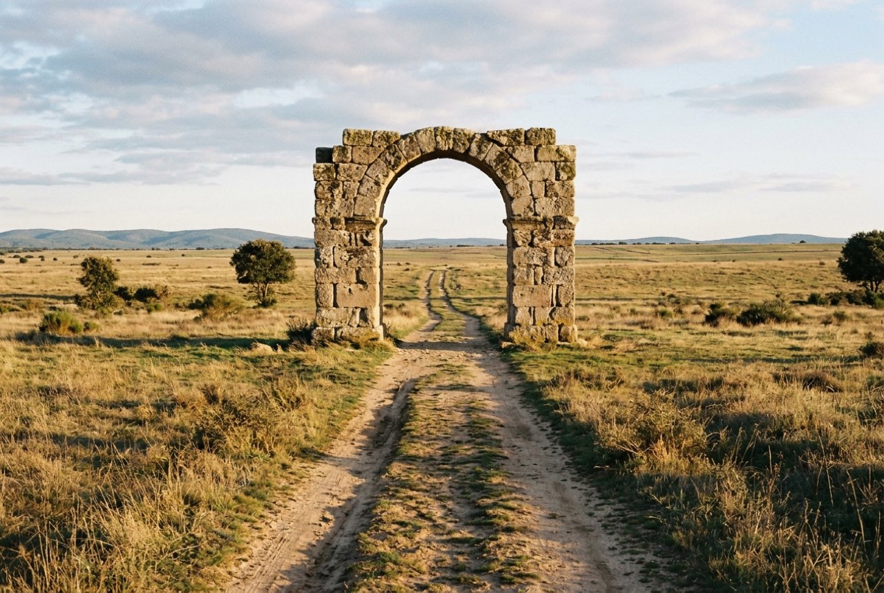 A Roman stone arch standing alone in open western Spanish grassland with the track running through it, low warm sun