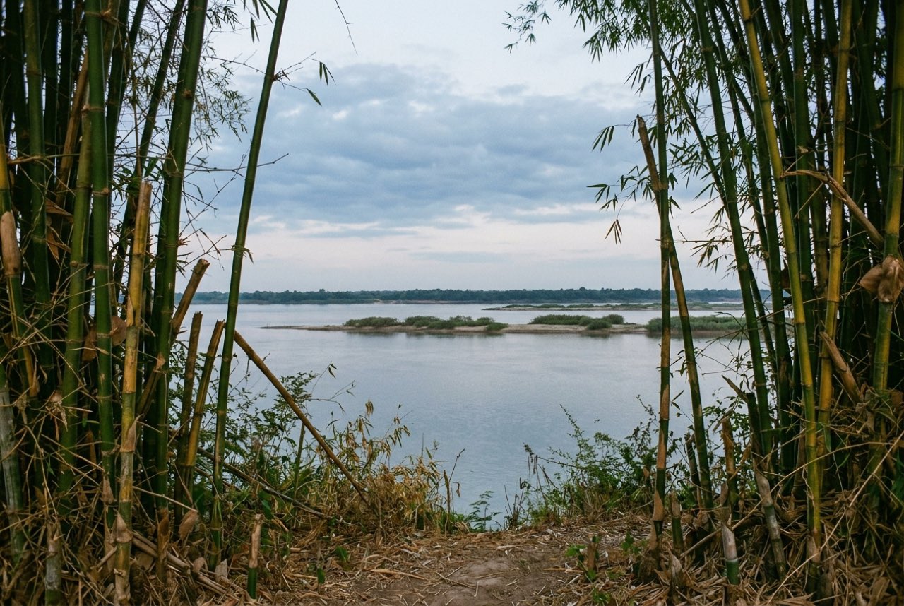 A gap in a bamboo thicket opening onto the very wide Mekong with low islands, flat evening light