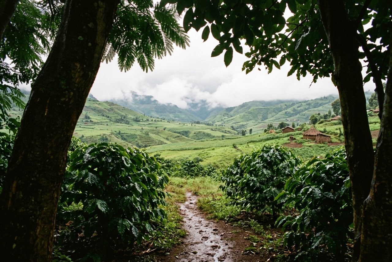 A gap in coffee shade trees opening onto a green highland valley with cloud on the ridges, wet light