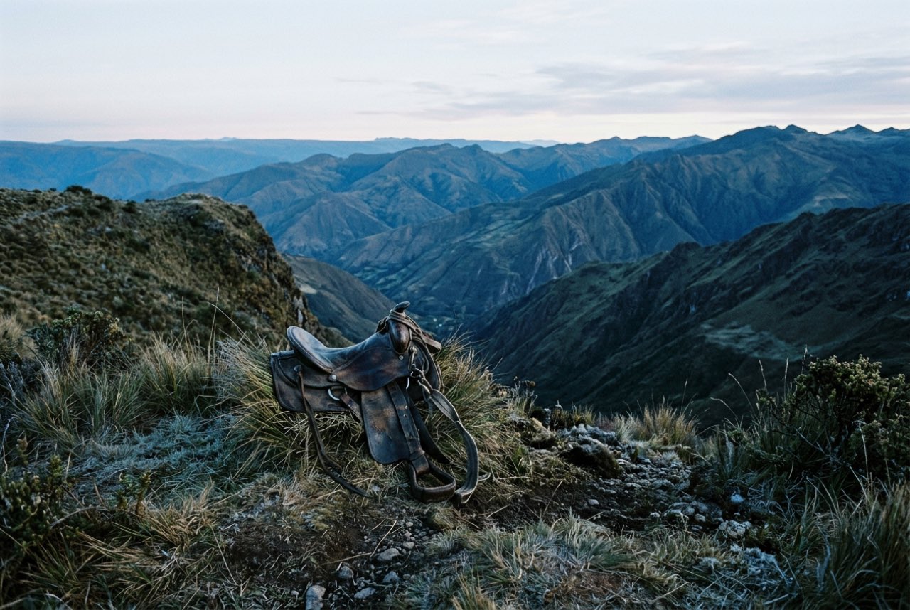 A saddle in a high grass ridge opening onto layered Andean valleys at dawn, cold blue shadow