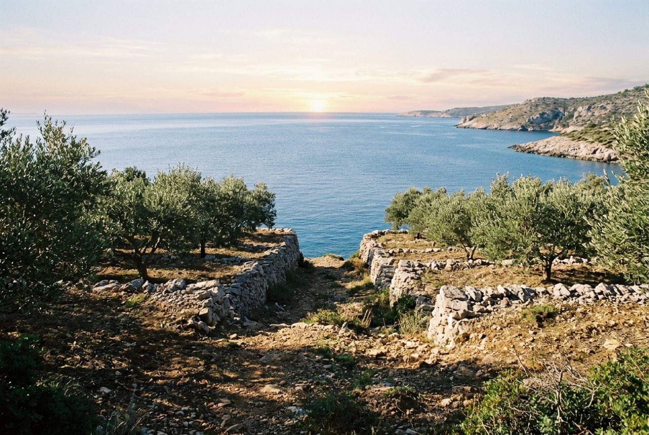 A gap between two olive terraces opening onto a wide Mediterranean bay at first light, still water
