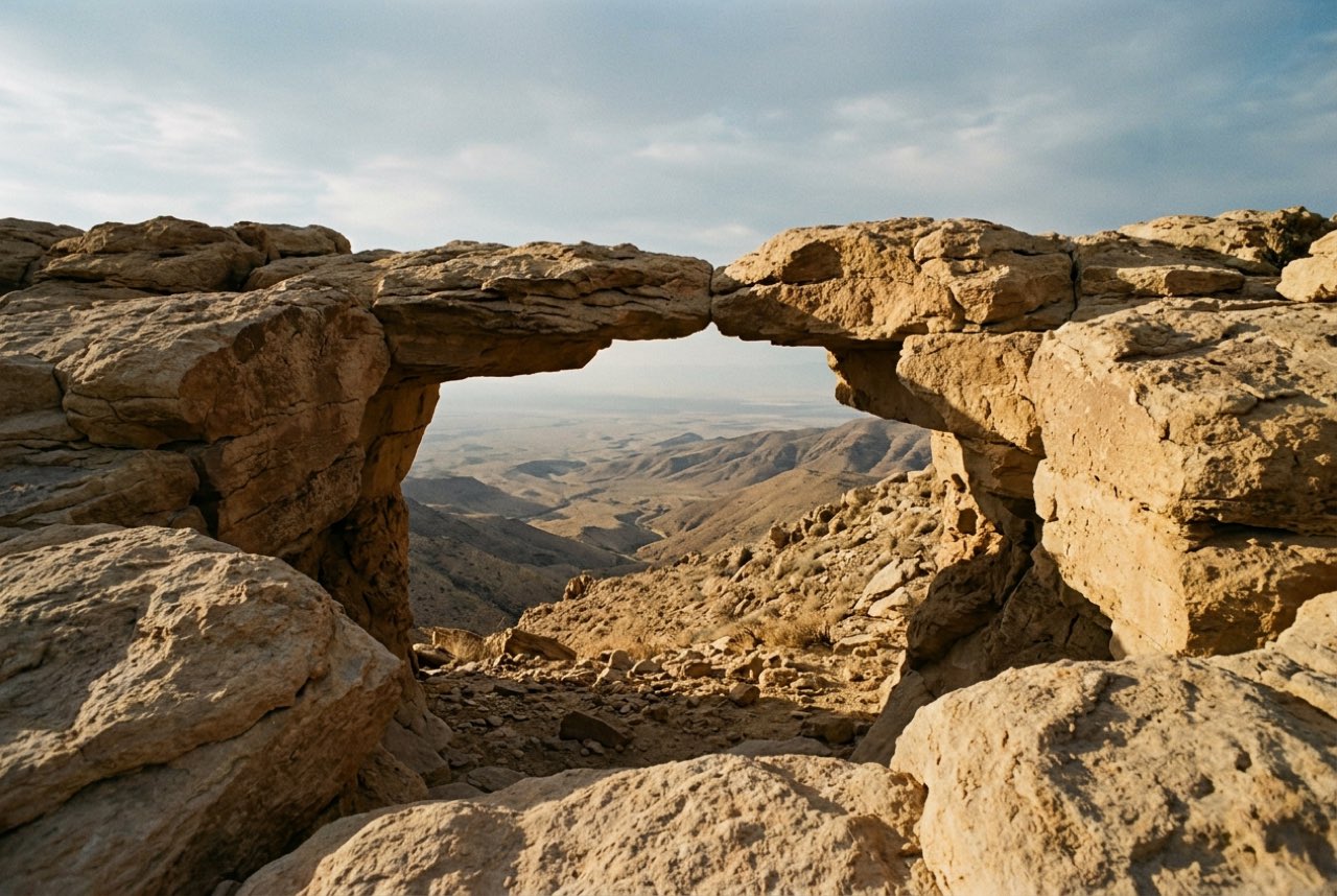 A gap in a sandstone shelf opening onto a vast dry valley falling to a hazy plain, late gold light