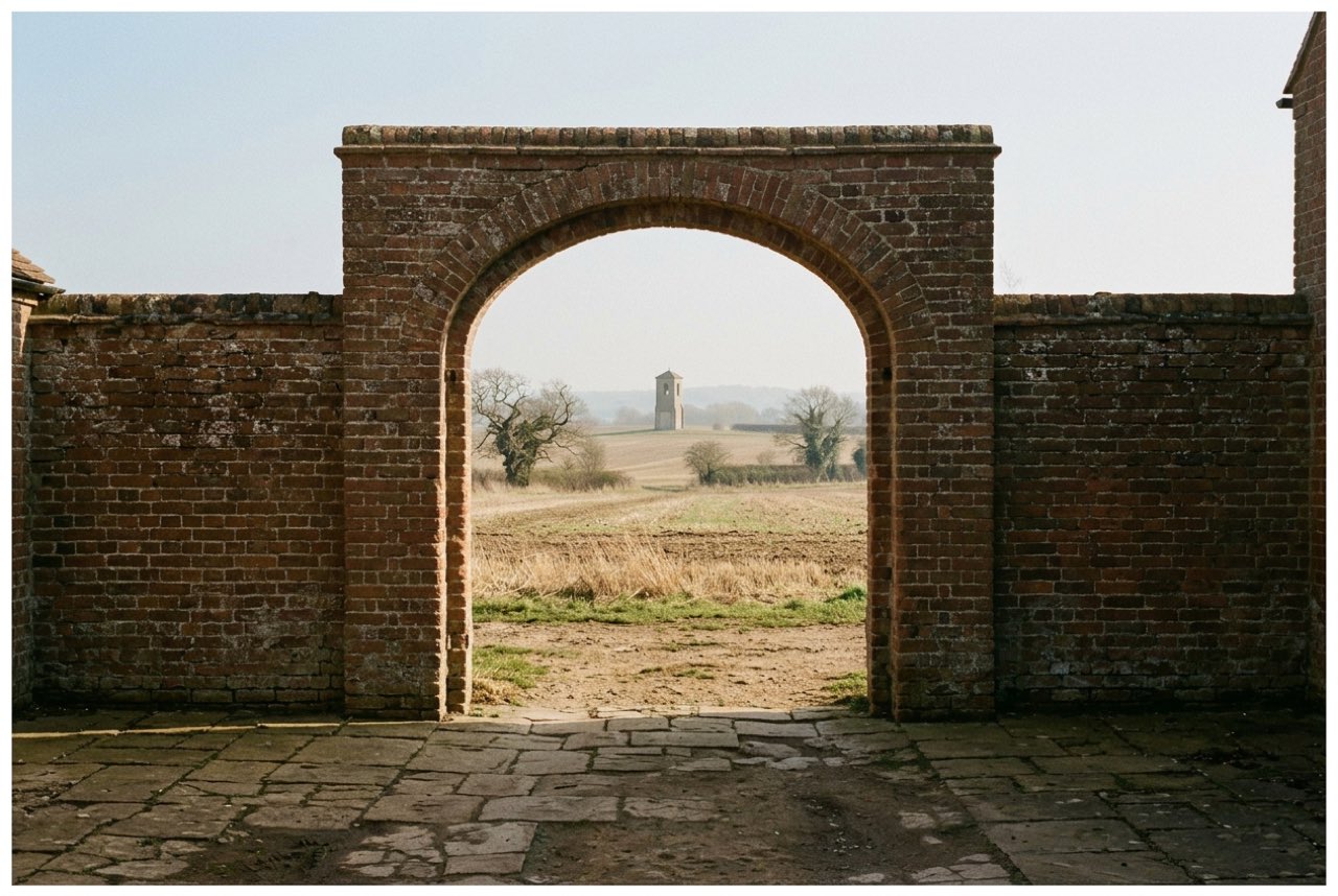 An open archway in a brick courtyard giving onto flat farmland and a bell tower far off, warm haze