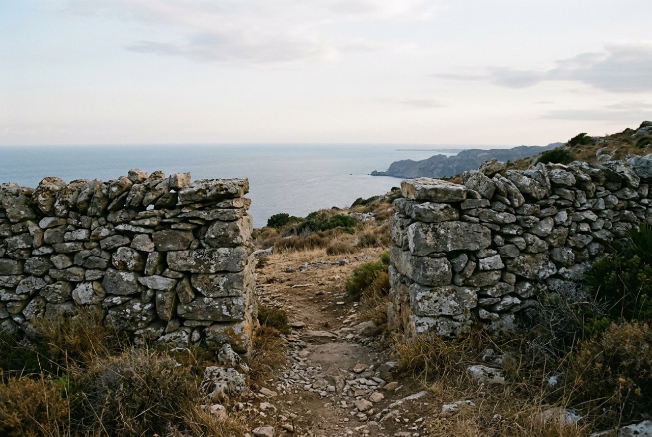 A gateway in a dry stone terrace wall opening onto the sea far below, evening light on bare rock, empty