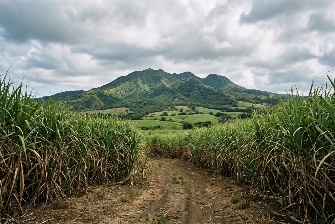 A break in tall sugar cane opening onto a green volcanic ridge under heavy afternoon cloud