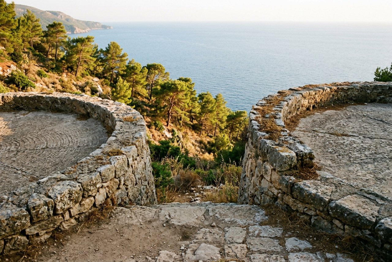 A gap between two stone threshing floors opening onto a steep pine slope and the sea, warm evening