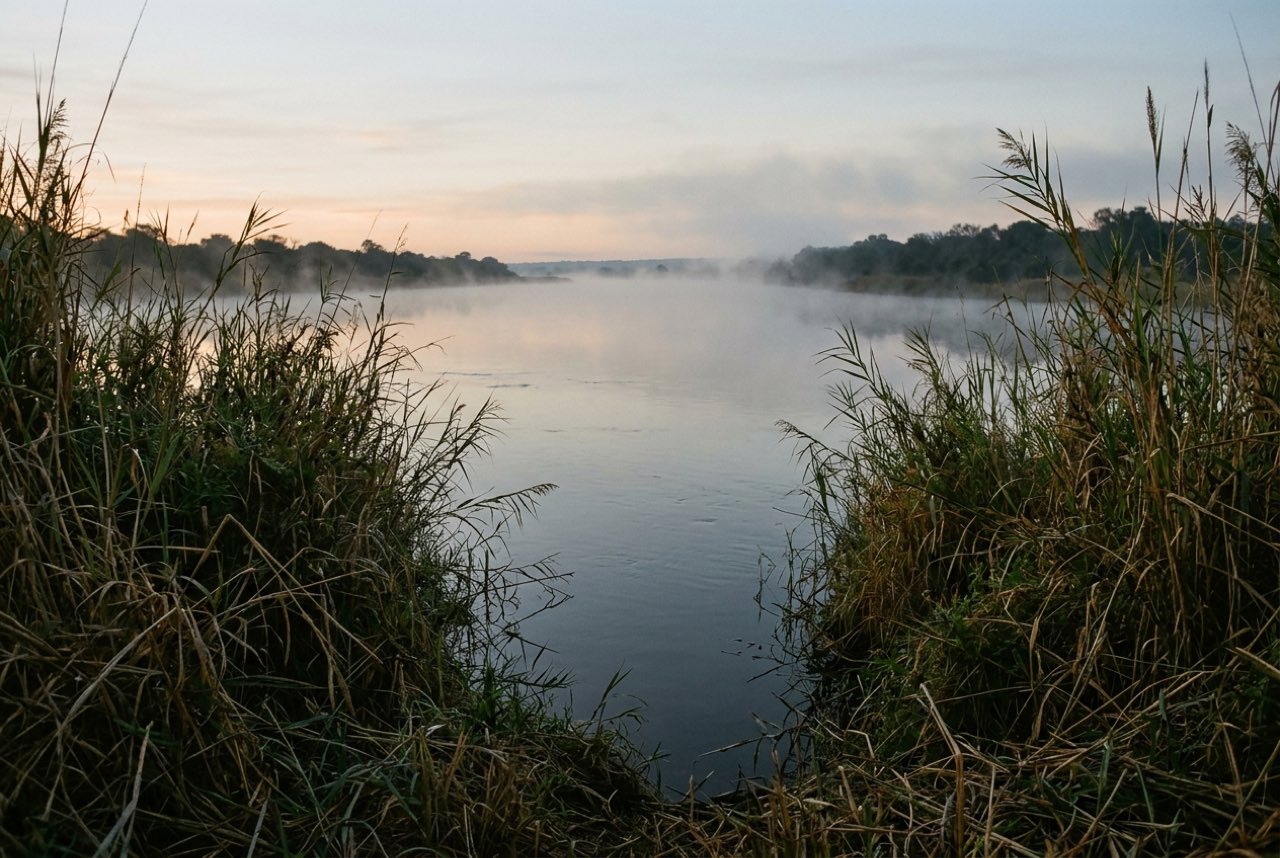 A gap in tall river grass opening onto a wide slow African channel at first light, mist on the water