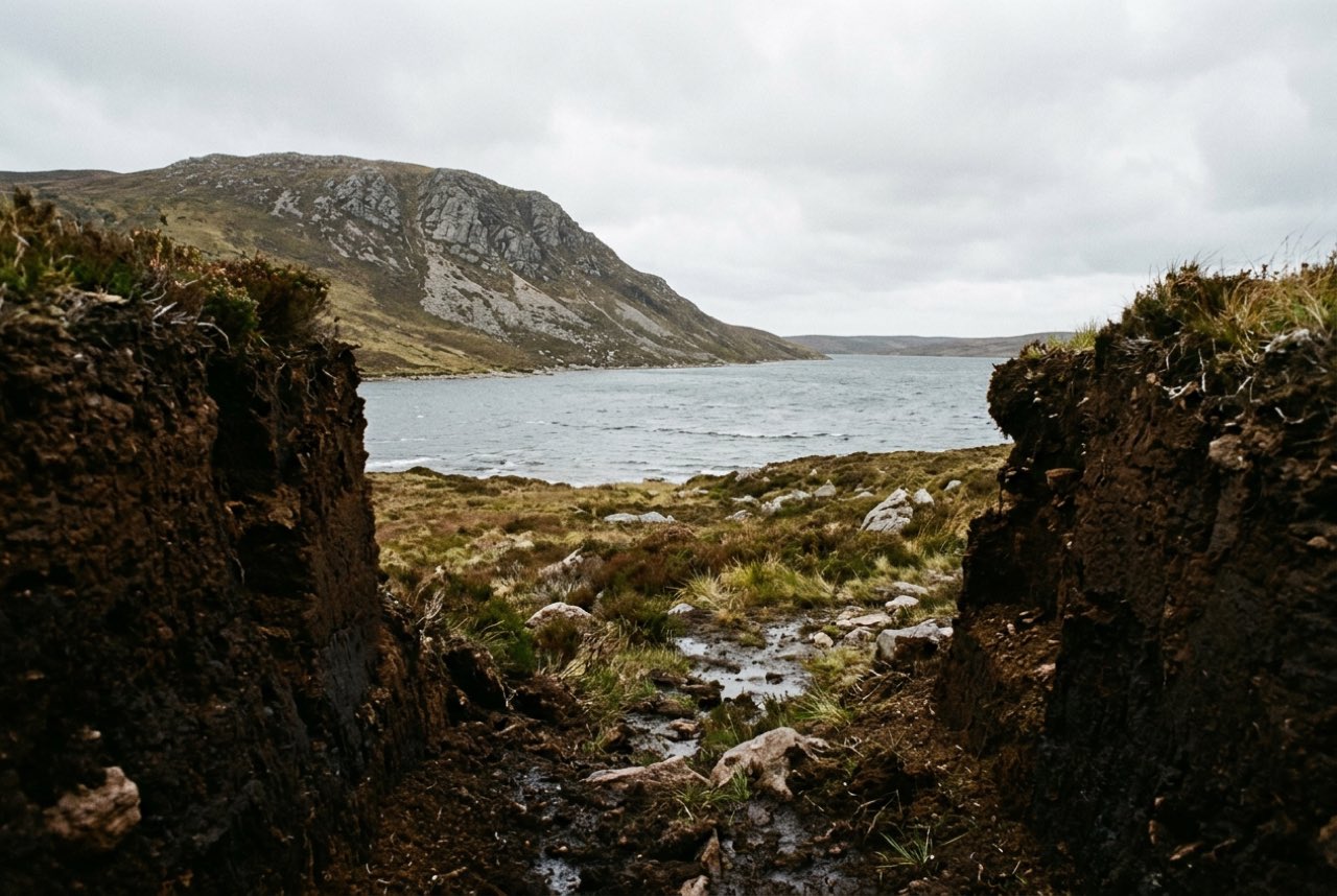 A gap in a peat bank opening onto a wide Highland loch with a bare quartzite hill beyond, wind