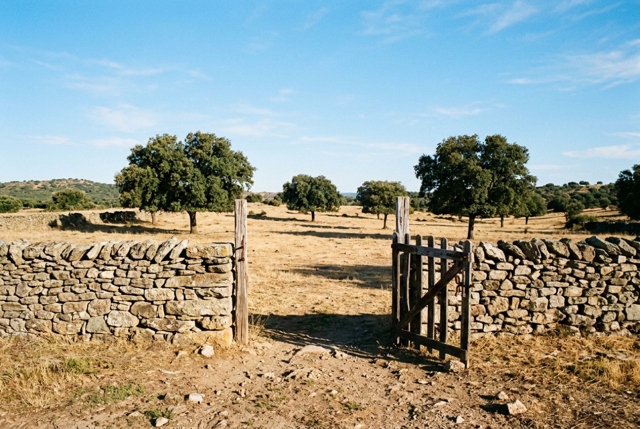 A gateway in a dry stone wall opening onto empty Spanish pasture under holm oaks, hard low sun