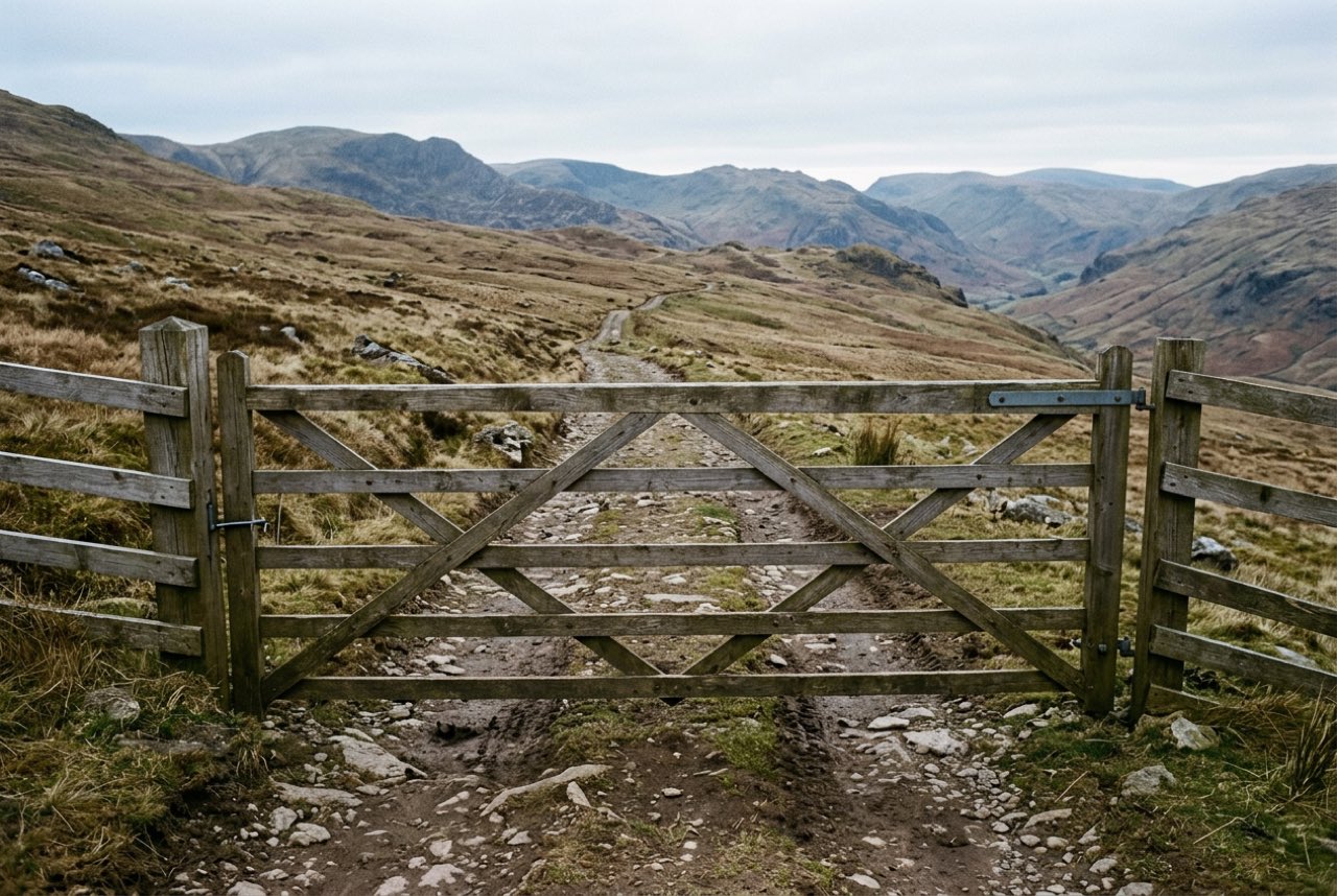 A closed timber gate across a stony track on a bare hillside, the track continuing beyond it toward far mountains, cold light