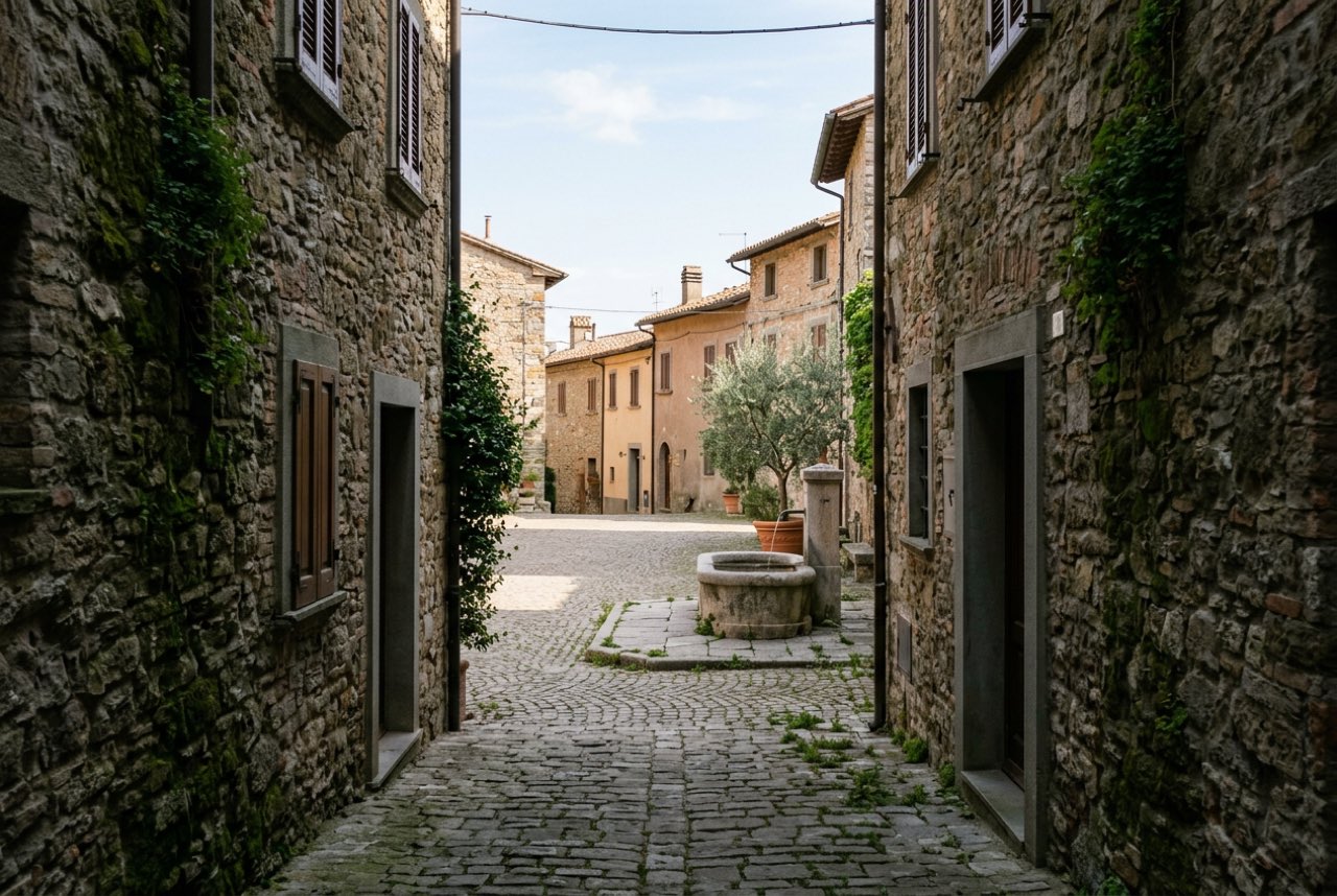 A narrow street opening between two tall stone houses onto a small sunlit square with a fountain, worn cobbles, clear light
