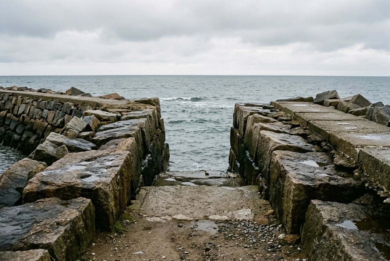 A gap in a harbour breakwater with open grey sea beyond it, wet granite blocks, flat northern light, no boats