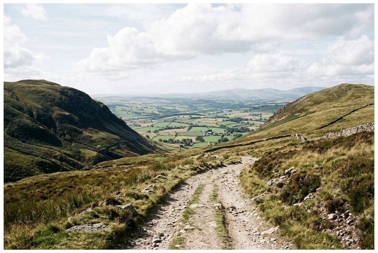 A low col between two green hills opening onto a wide sunlit valley of small fields far below, a stony track running through the gap, cool clear light