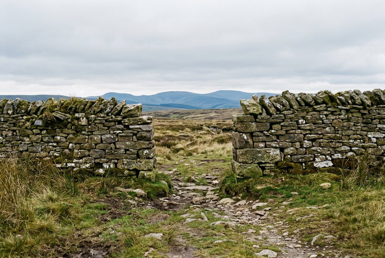 A break in a long drystone wall on a bare upland, the moor and distant blue hills visible through the gap, soft overcast