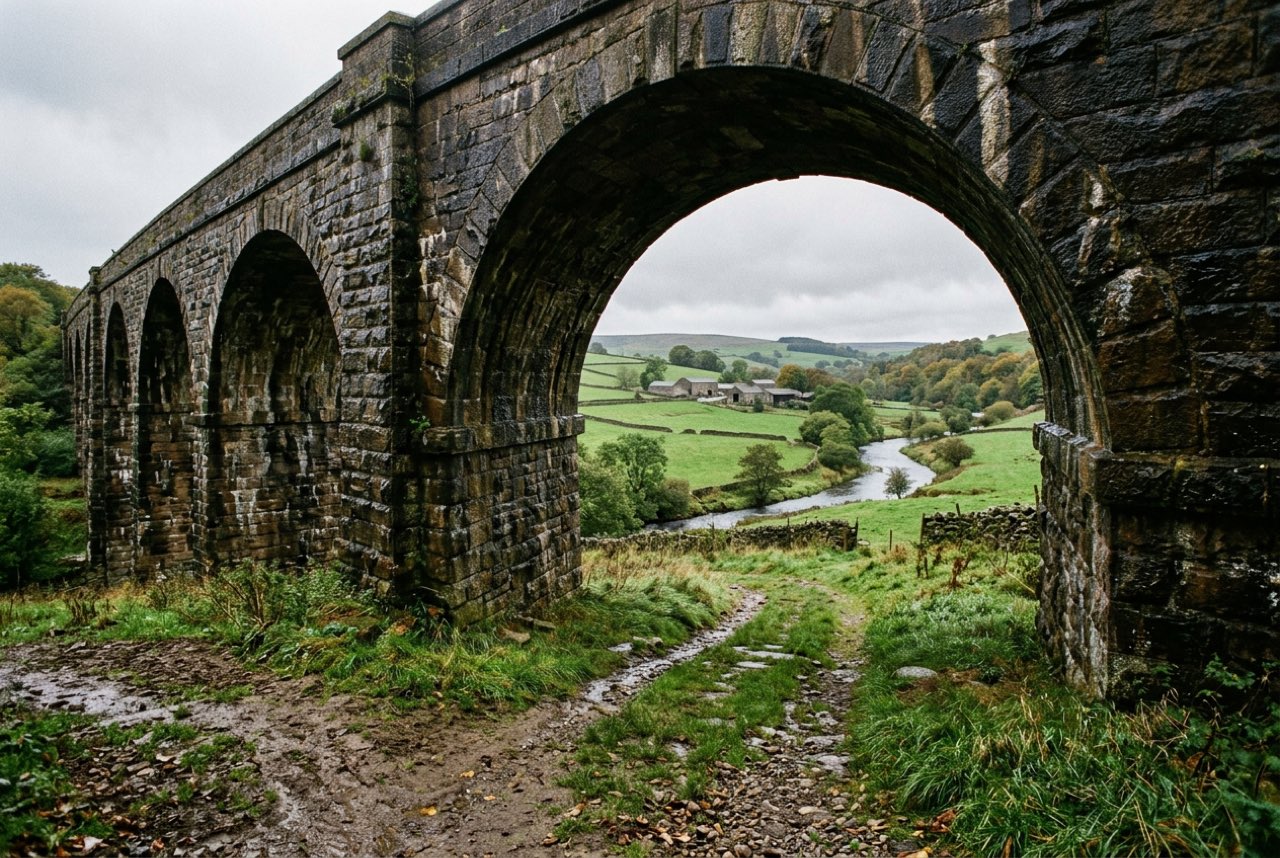 A stone archway under an old railway viaduct with green farmland and a river visible through it, damp grey daylight