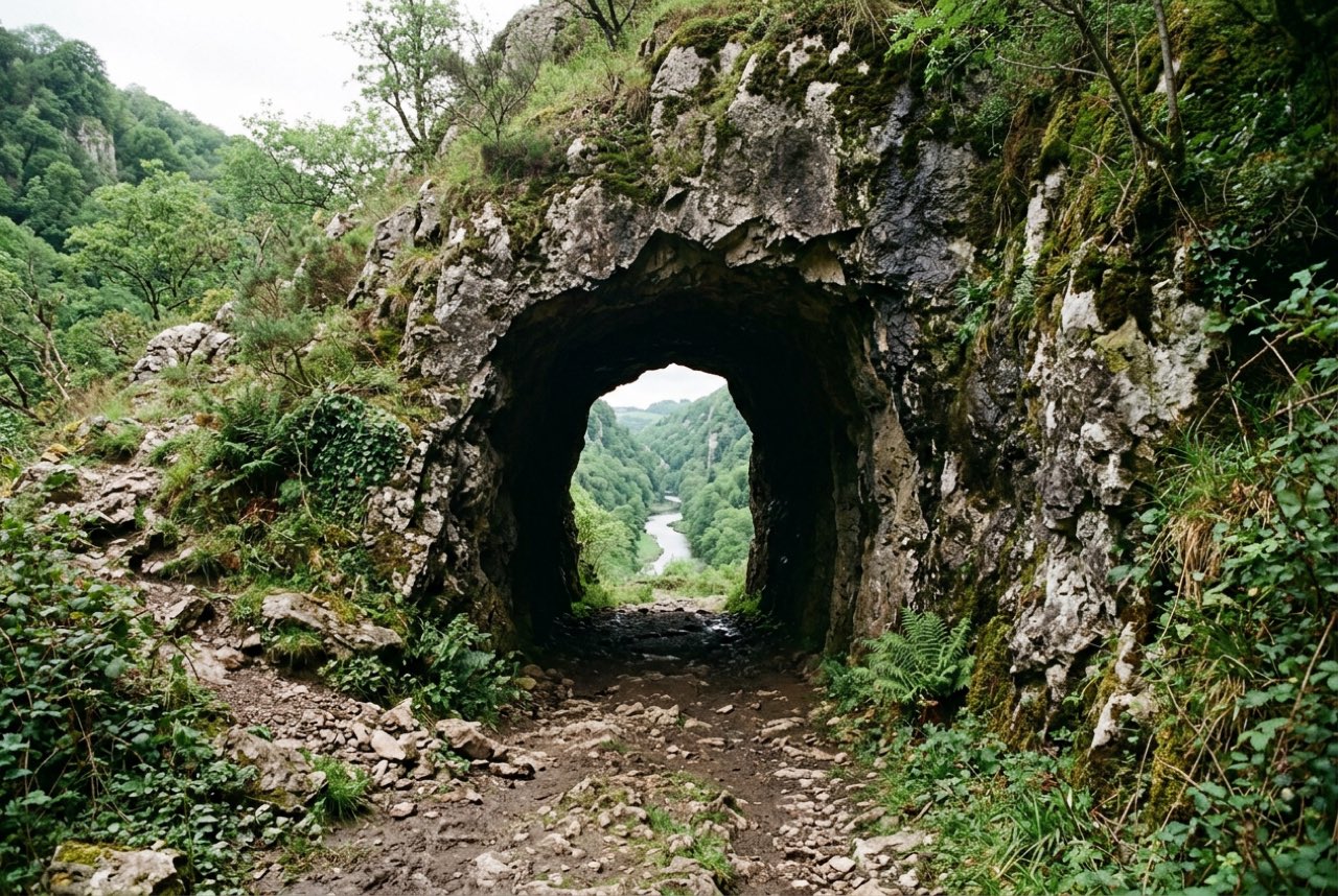 A tunnel mouth in a limestone hillside with a green gorge and a river visible through the far end, cool shade