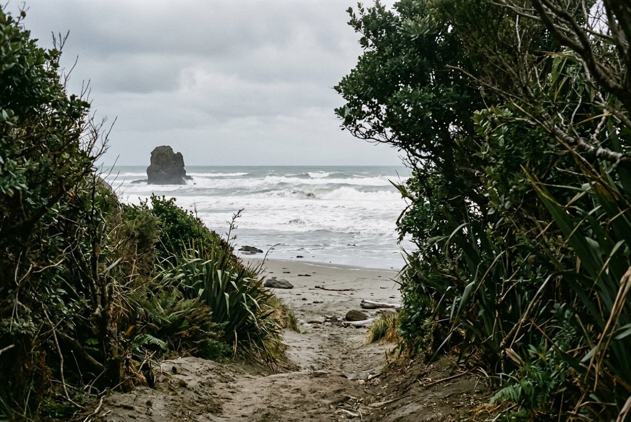 A gap in coastal bush opening onto a wild New Zealand beach with heavy surf and a rock stack offshore, grey windy light