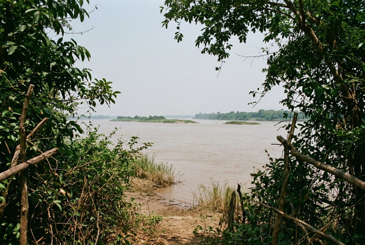A break in riverside trees opening onto the very wide brown Mekong with low green islands mid stream, flat hot light