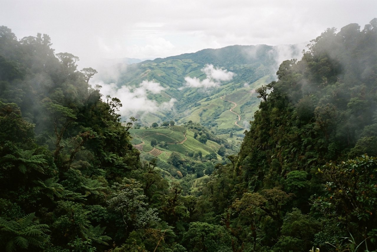 A notch in a Panamanian cloud forest ridge opening onto a green highland valley of coffee terraces, mist among the trees
