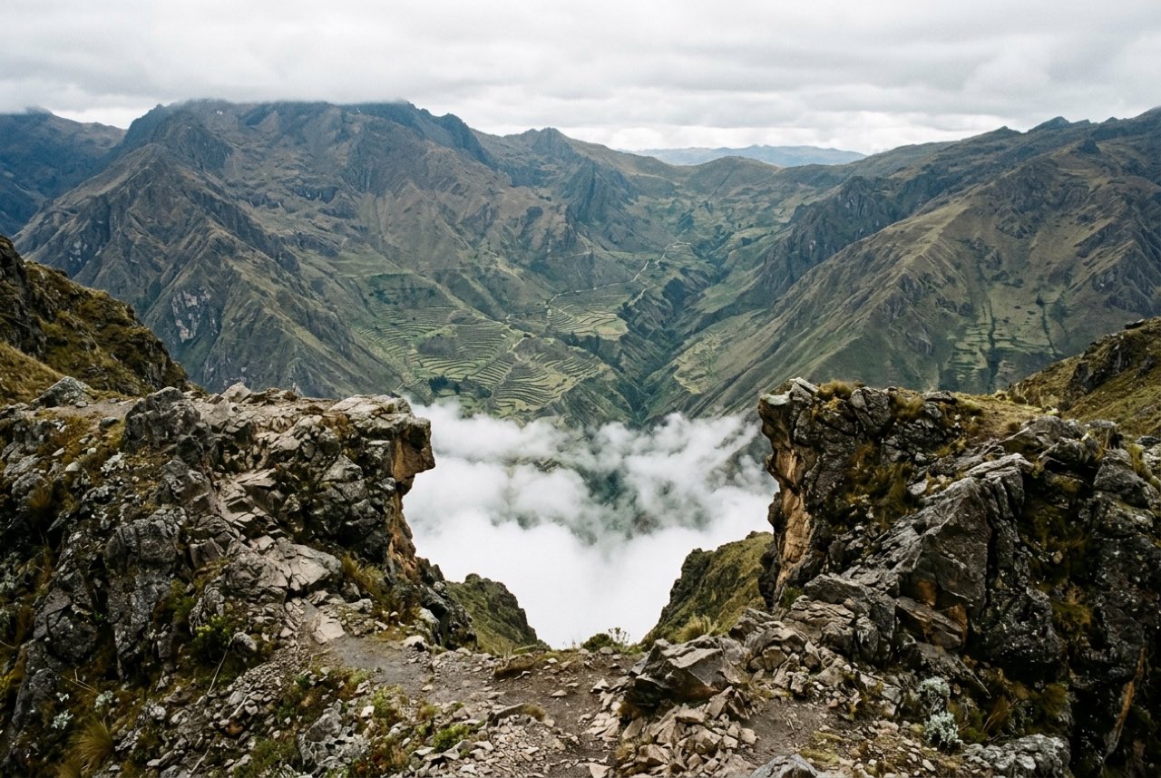 A high Andean pass opening onto a vast green gorge with cloud lying in the bottom, terraced spurs far below, cold thin light