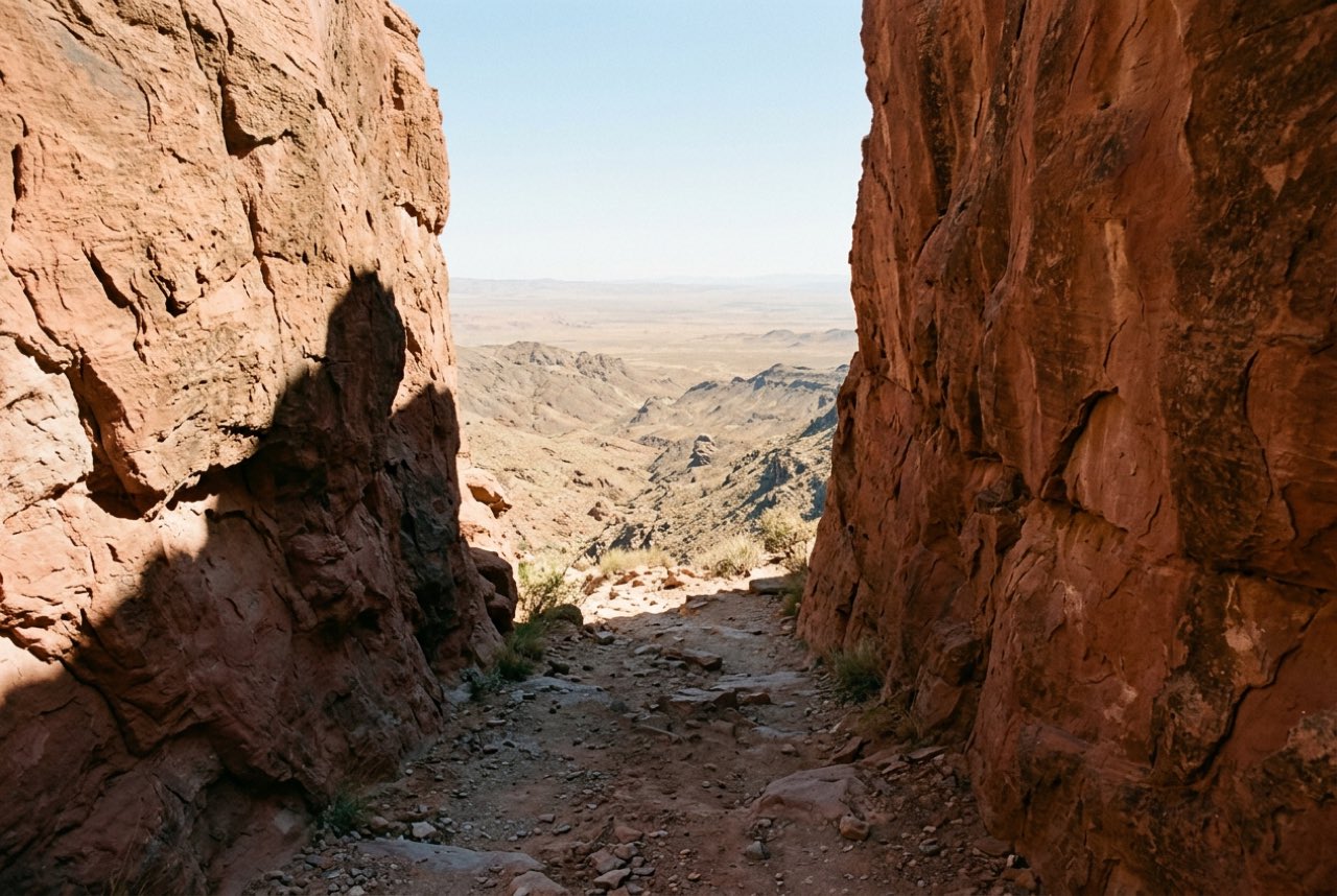 A gap between two red sandstone walls opening onto a vast dry valley falling away toward a hazy desert plain, clear light