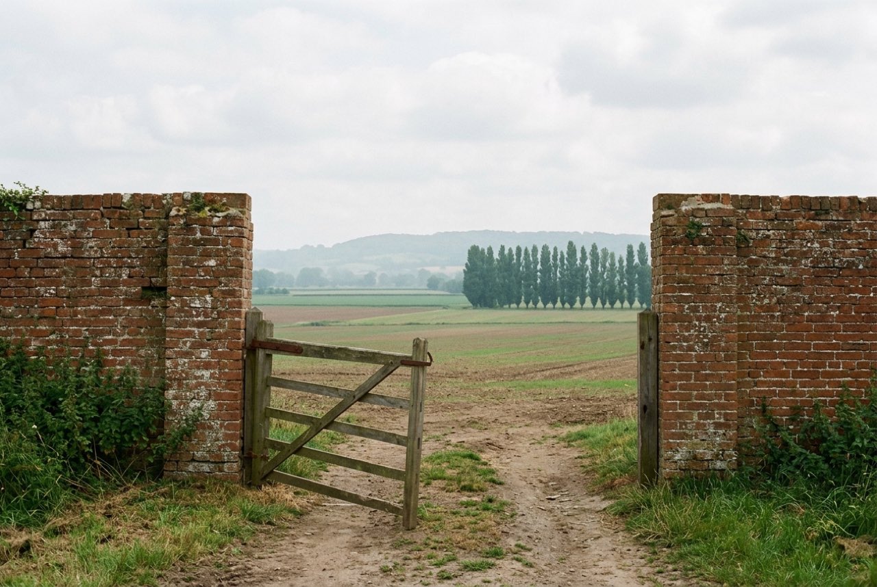 An open gateway in a brick farm wall giving onto flat cultivated plain with a line of poplars and a low hill ridge, soft haze
