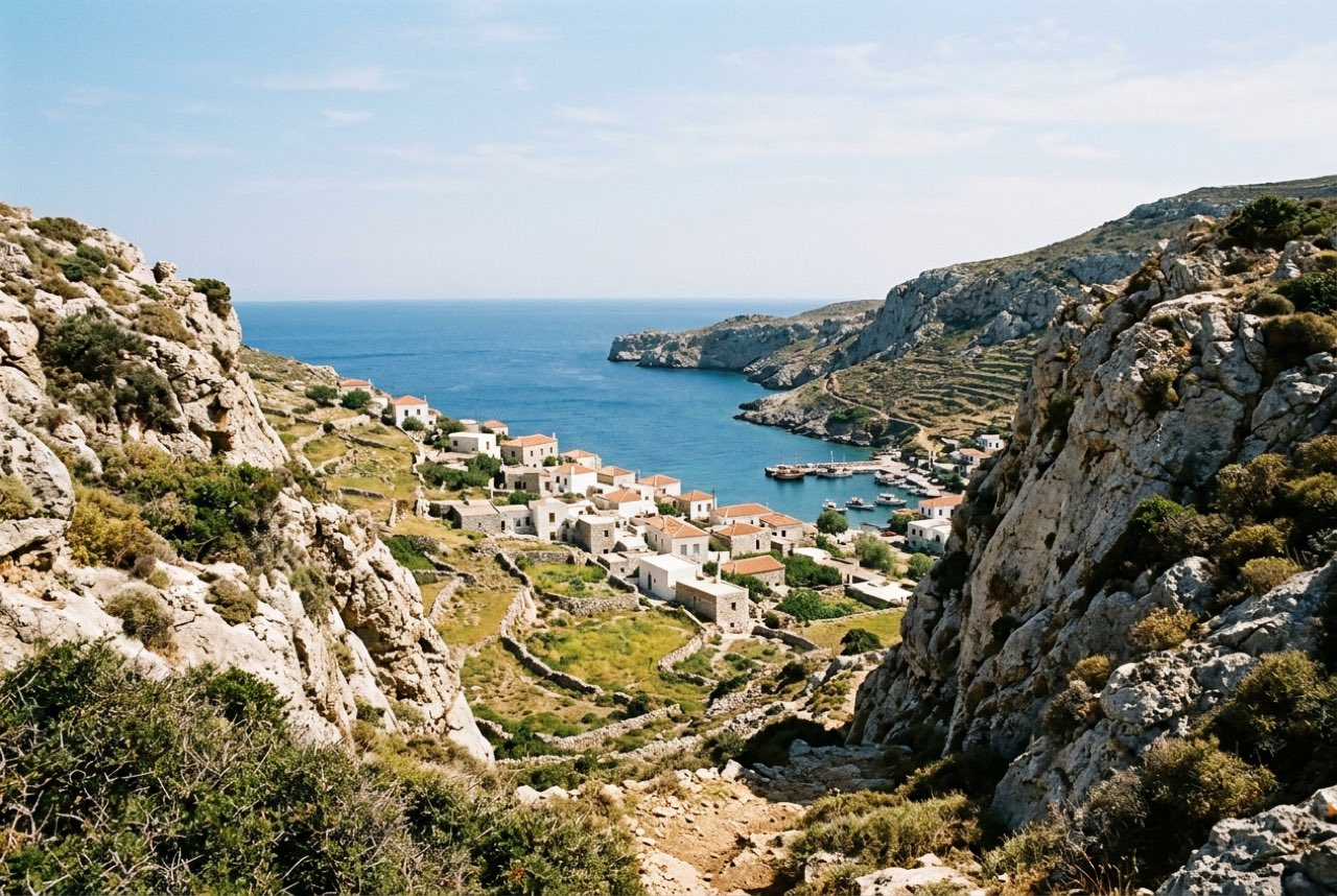 A notch in a steep Aegean ridge opening onto a small stone village stepping down to a blue bay, terraces, clear light
